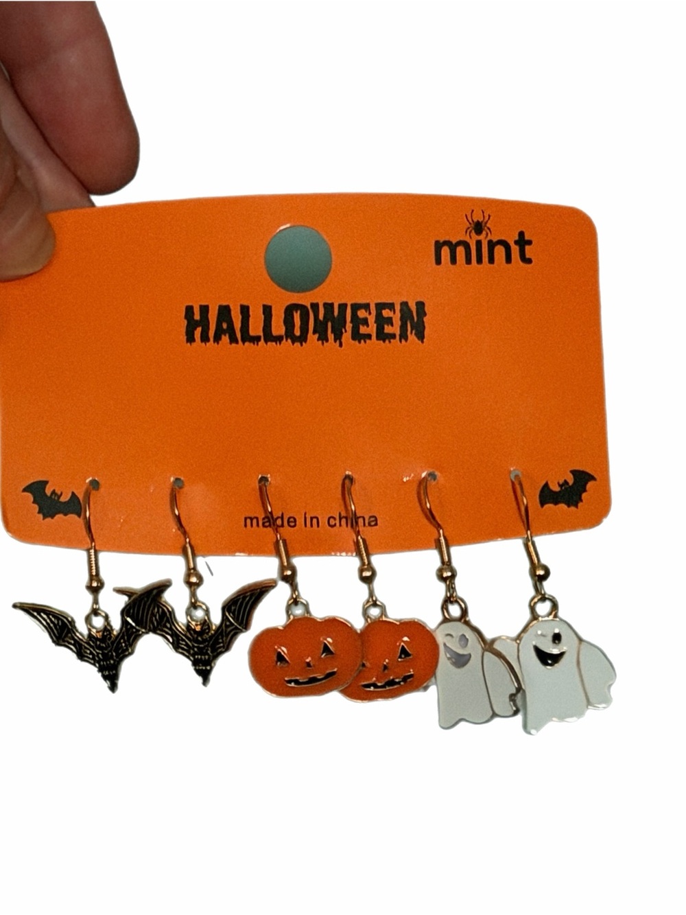 Mint Halloween Kids Orange Pumpkin Bat & Ghost Earring Set